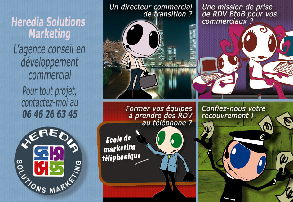 Affiche Heredia Solutions Marketing présentant les services de développement commercial et de marketing téléphonique.